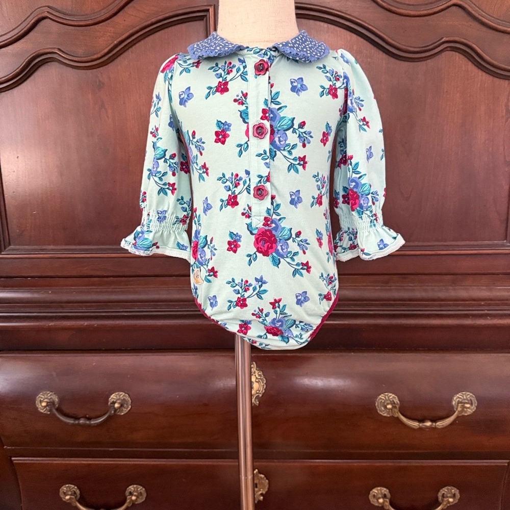 Girls Floral Bubble Romper Boutique Style Peter Pan Collar Long Sleeve Onesie